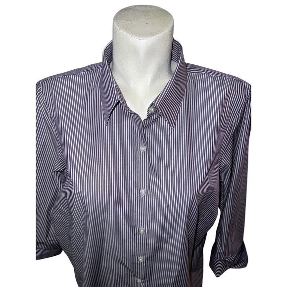 Lands’ End Top Women's Size 18W Purple Stripe Striped Button Up 3/4 Sleeve Shirt - Picture 2 of 11